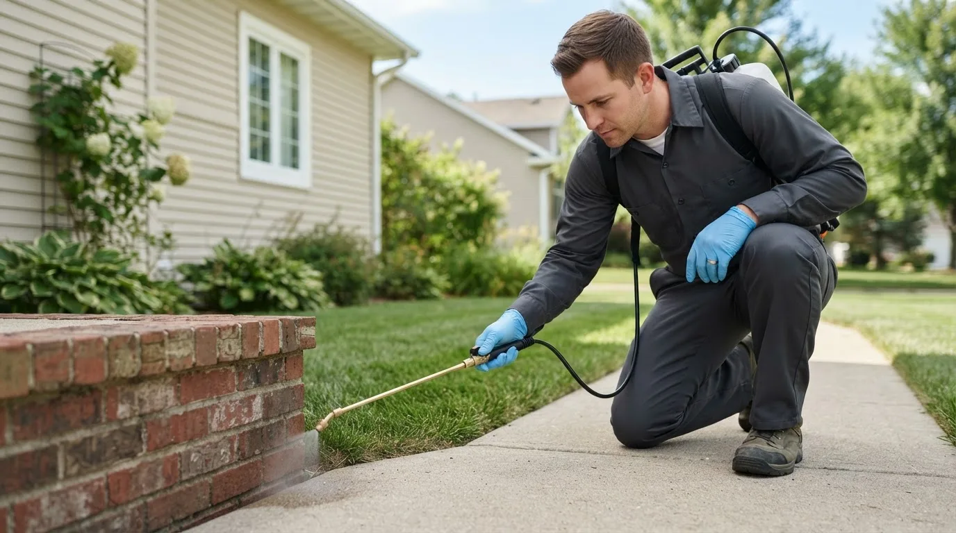 Pest control technician treating a home near Brookfield, MO